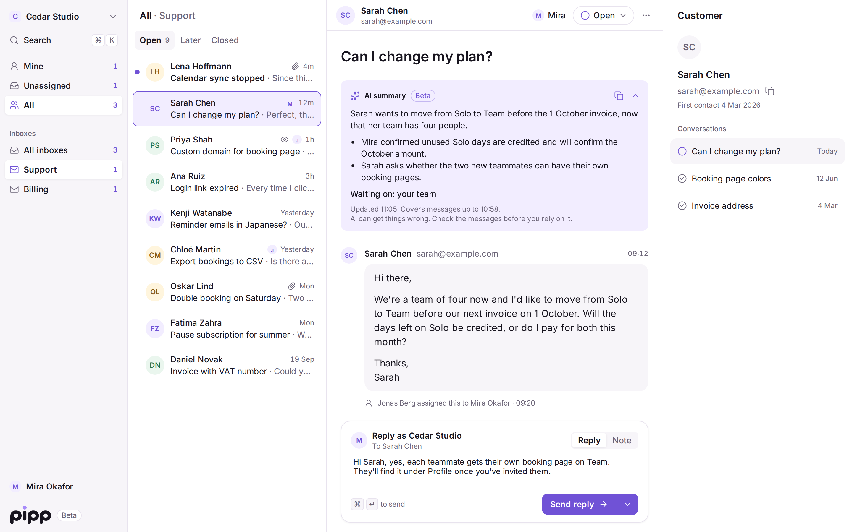 Pipp app design with fictional data: Cedar Studio's shared support inbox, showing a customer email about changing plans, an AI summary marked Beta with a caution to check the messages, and a reply draft.