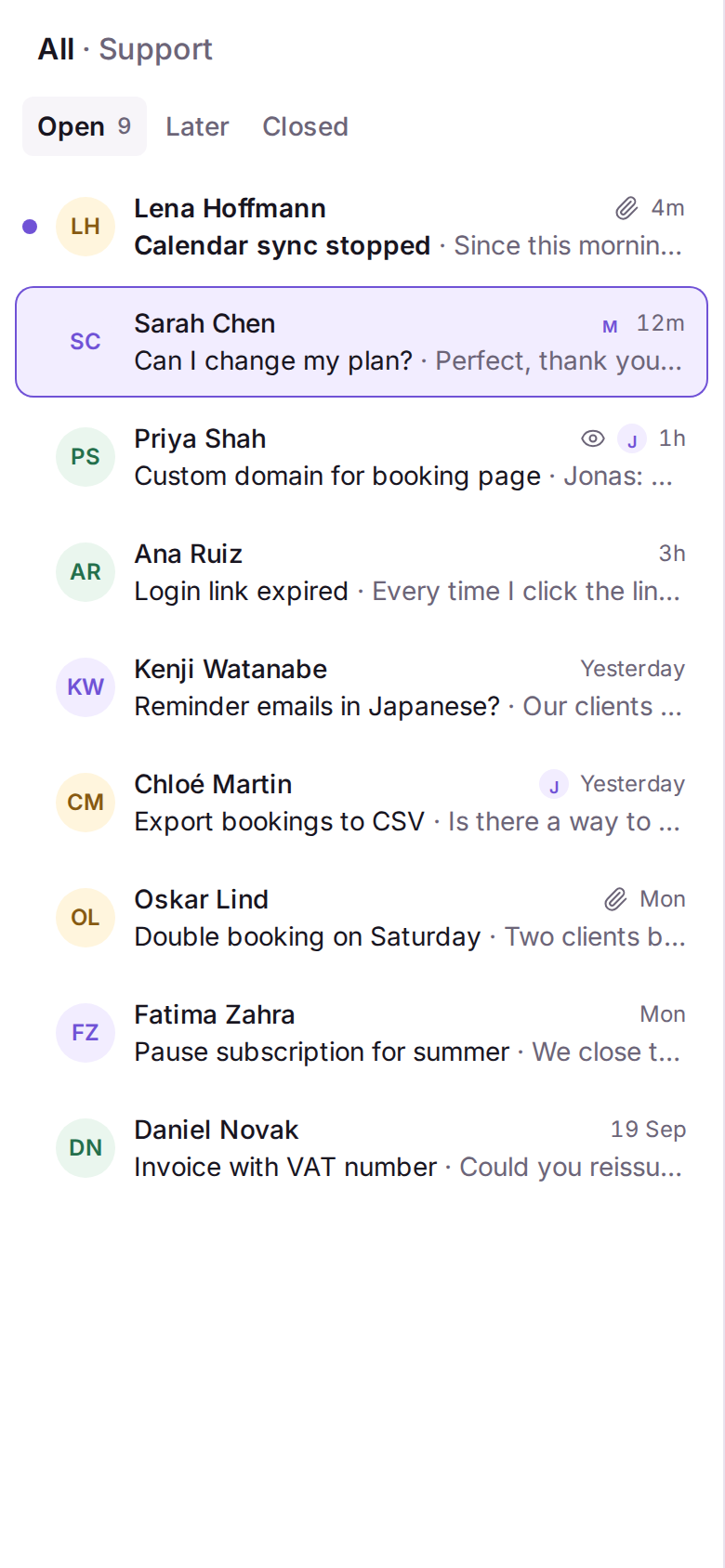 The same design on a phone: a list of open conversations from fictional customers.